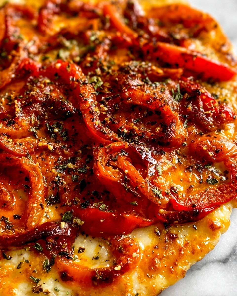 This close-up image shows one thick layer of soft flatbread topped with a layer of melted, smooth, light orange cheese, then covered with curling roasted red peppers that have a shiny, oily texture. The peppers vary in shades of deep red to orange and are sprinkled all over with dry herbs and black specks that add a rough texture. The dish sits on a white marbled surface. photo taken with an iphone --ar 4:5 --v 7