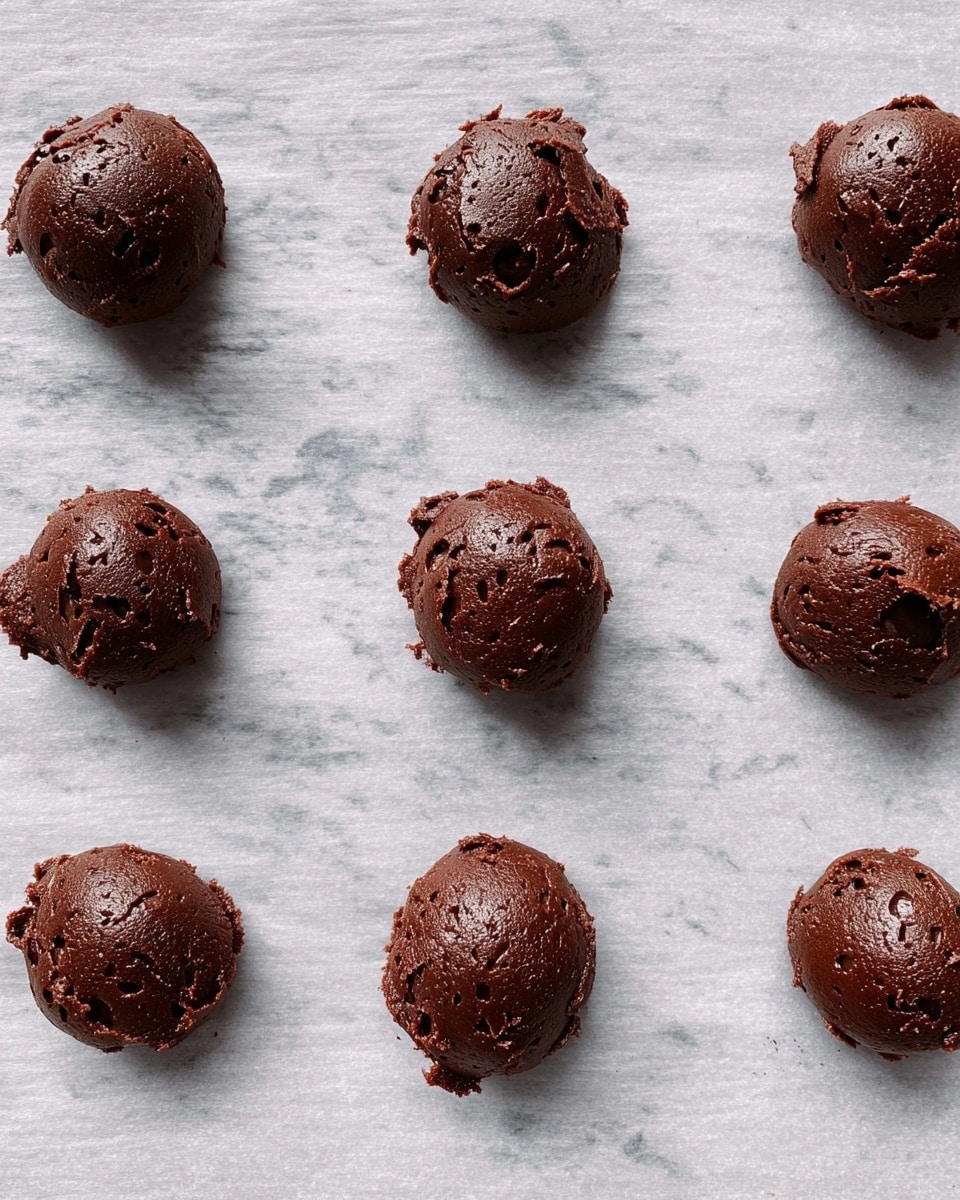 The image shows small scoops of thick dark brown chocolate dough placed evenly on a parchment-lined surface. Each scoop is round and rough-textured with shiny patches that catch the light, arranged in a loose grid over a white marbled background. The chocolate dough looks soft and dense with irregular top surfaces. The spacing between the dough scoops is wide, showing the white parchment paper underneath. photo taken with an iphone --ar 4:5 --v 7