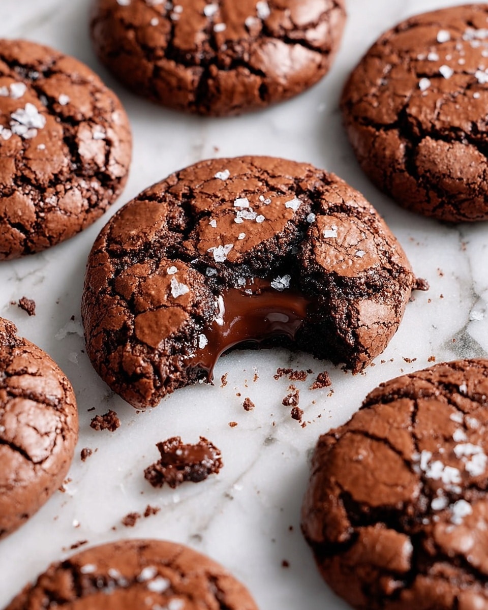 Close-up of several round chocolate cookies with cracked tops and a shiny texture, scattered on a white marbled surface. Most cookies are whole, showing a smooth brown color with a few salt flakes on top. The cookie in the center is partially bitten, revealing a rich, melted dark chocolate center that looks soft and smooth. The cracked, uneven surface of the cookies contrasts with the creamy inside, and small crumbs are spread around the cookies. Photo taken with an iphone --ar 4:5 --v 7