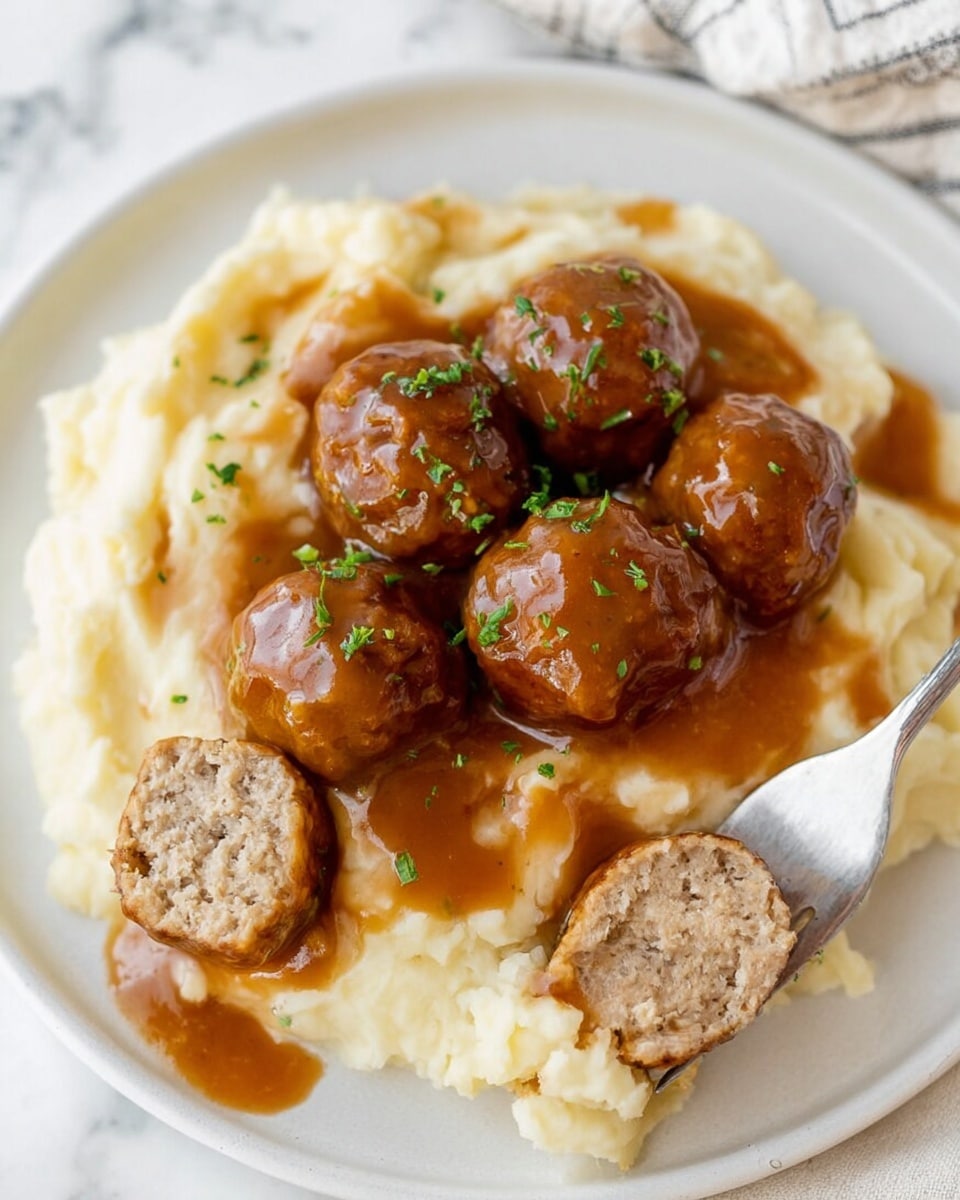 A white plate holds a base layer of light, creamy mashed potatoes with a soft texture and small lumps. On top, there are five round, brown meatballs covered in a thick, shiny brown gravy sauce with a smooth texture, garnished with small bits of green herbs. Two meatball halves rest on the side, showing a dense, cooked inside with a light brown color. A silver fork slightly holds the two meatball halves in the front. The background has a white marbled texture. Photo taken with an iphone --ar 4:5 --v 7
