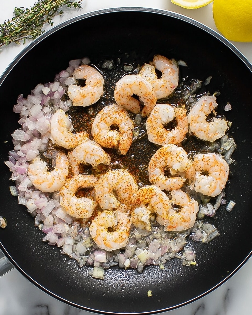 A black frying pan filled with one layer of raw shrimp, lightly sprinkled with a reddish seasoning, cooking on one side. Around the shrimp, there is a layer of small chopped light pink and white onions frying in bubbles of oil. In the background on the white marbled surface, a yellow lemon wedge and some green herbs are slightly visible. Photo taken with an iphone --ar 4:5 --v 7
