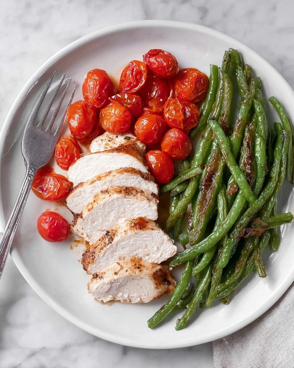 A white plate sits on a white marbled surface, holding three main parts: on the left, five slices of cooked chicken with a light brown crust and juicy white inside, topped with a layer of bright red cherry tomatoes, some whole and some sliced, glowing with a slight shine; on the right side, a pile of cooked green beans with a slightly wrinkled texture and dark grill marks, showing a mix of vibrant green and light brown; a silver fork rests on the left side of the plate, gently pressing one chicken slice. photo taken with an iphone --ar 4:5 --v 7