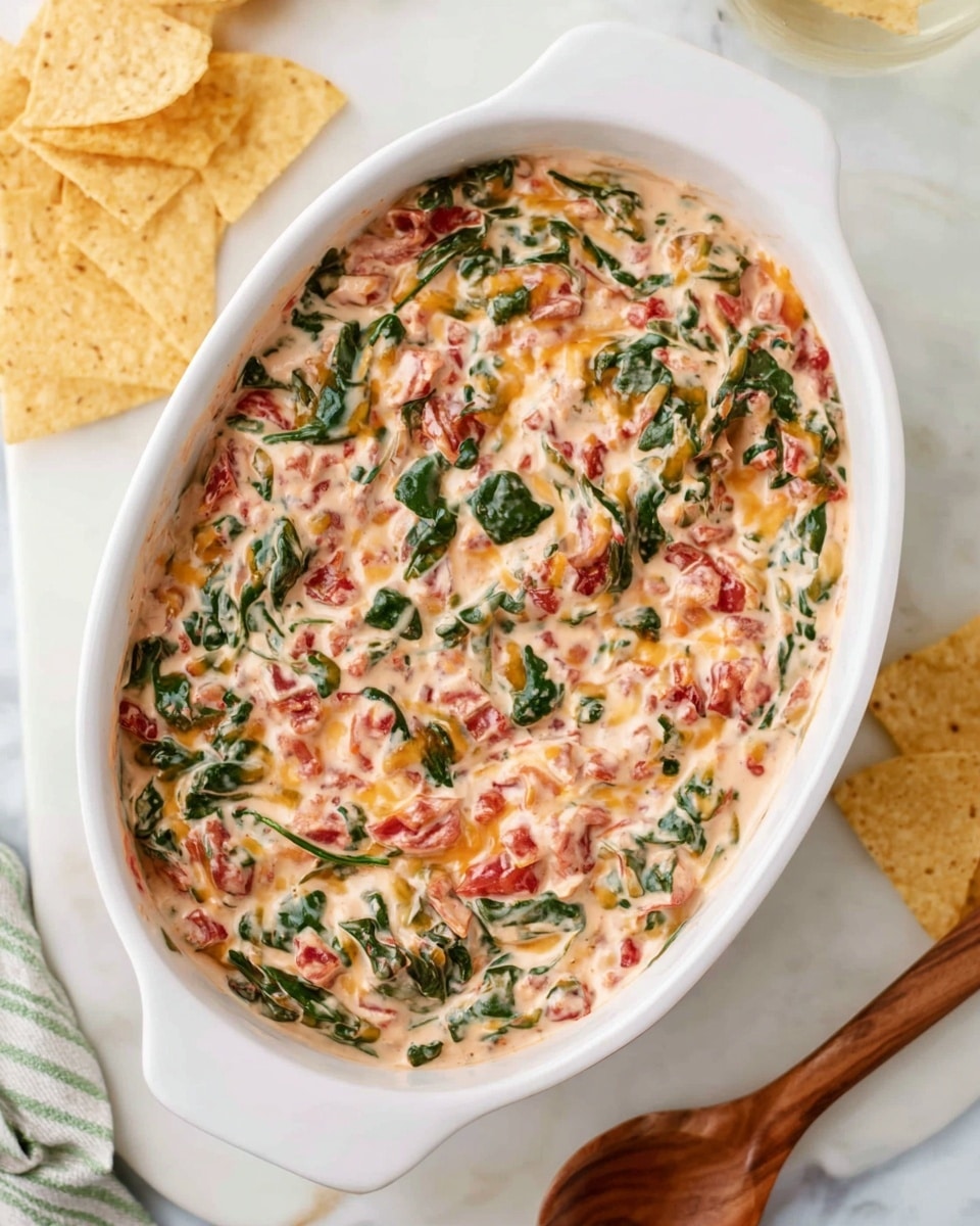A white oval dish filled with a creamy dip made of chopped tomatoes, green spinach leaves, and melted yellow cheese mixed evenly. The texture looks smooth with bits of ingredients visible throughout, and the colors blend in reds, greens, and creamy white. The dish rests on a white marbled surface with a wooden spoon nearby. On the side, some round tortilla chips are placed, hinting at a snack or appetizer. A woman's hand is just out of the frame near the bottom right corner. Photo taken with an iphone --ar 4:5 --v 7