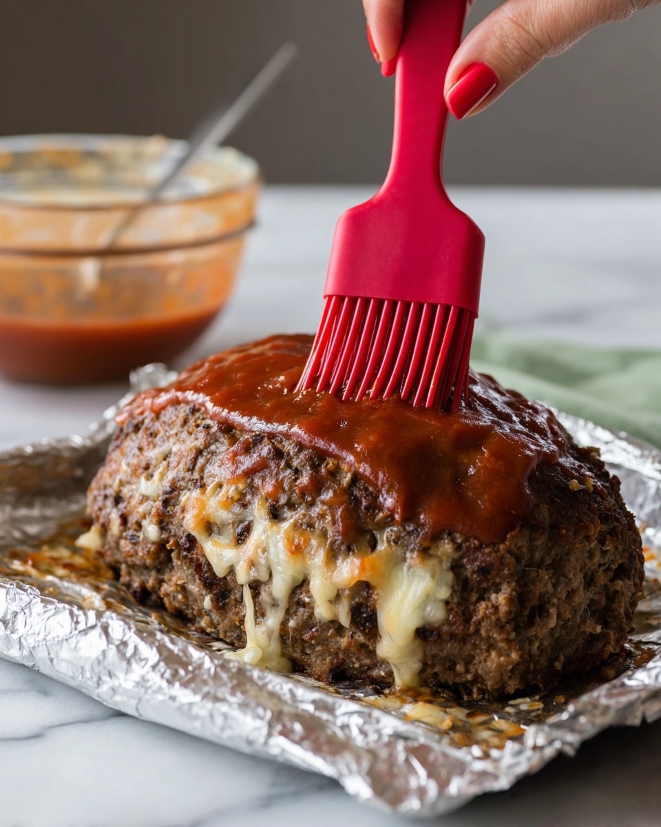 A cooked meatloaf sits on a piece of foil over a white marbled surface. The meatloaf has a rough, dark brown texture with melted cheese oozing down the sides near the bottom. On top, a thick layer of reddish-brown sauce is being spread evenly using a red silicone brush held by a woman's hand. In the background, there is a clear glass bowl with more of the same sauce inside. Photo taken with an iphone --ar 4:5 --v 7