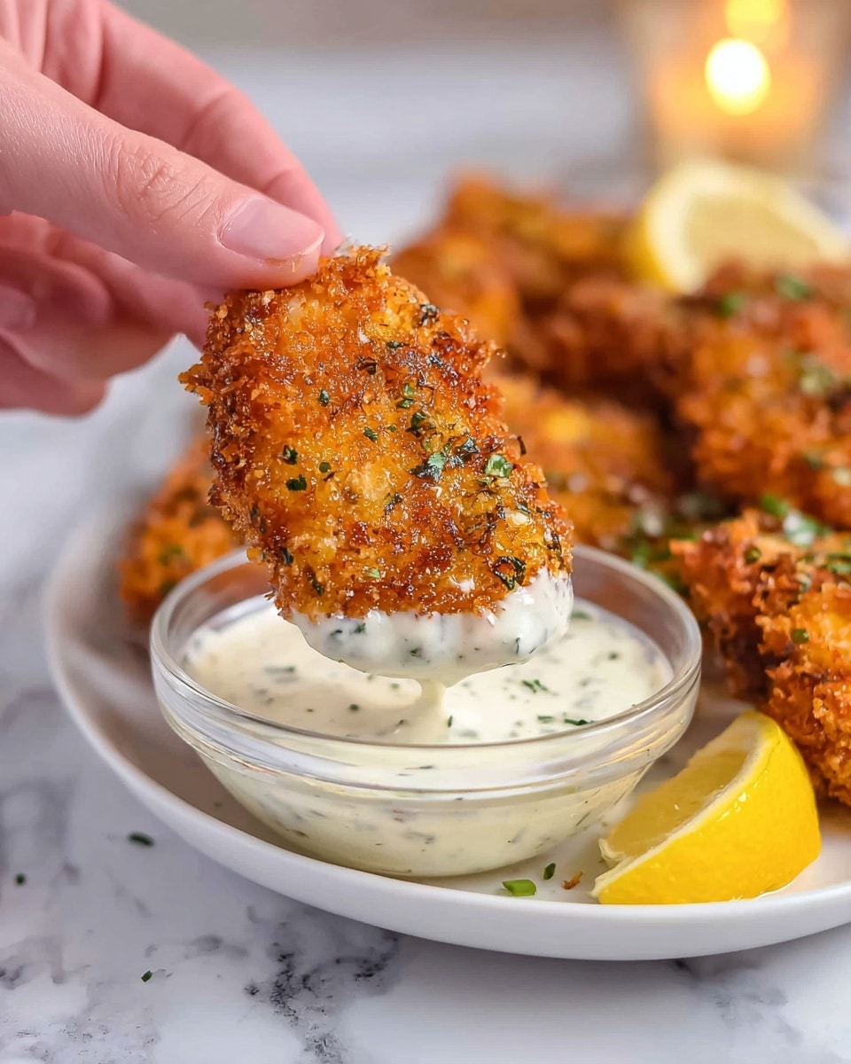 A close-up view of a golden-brown crispy fried piece with green herb bits scattered across its textured surface held by a woman's hand. The bottom edge of the crispy piece is dipped into a thick creamy white sauce with herb flecks in a small clear glass bowl. In the background, there are more pieces of the fried food on a white plate, along with a lemon wedge and a lit candle, all placed on a white marbled surface. photo taken with an iphone --ar 4:5 --v 7