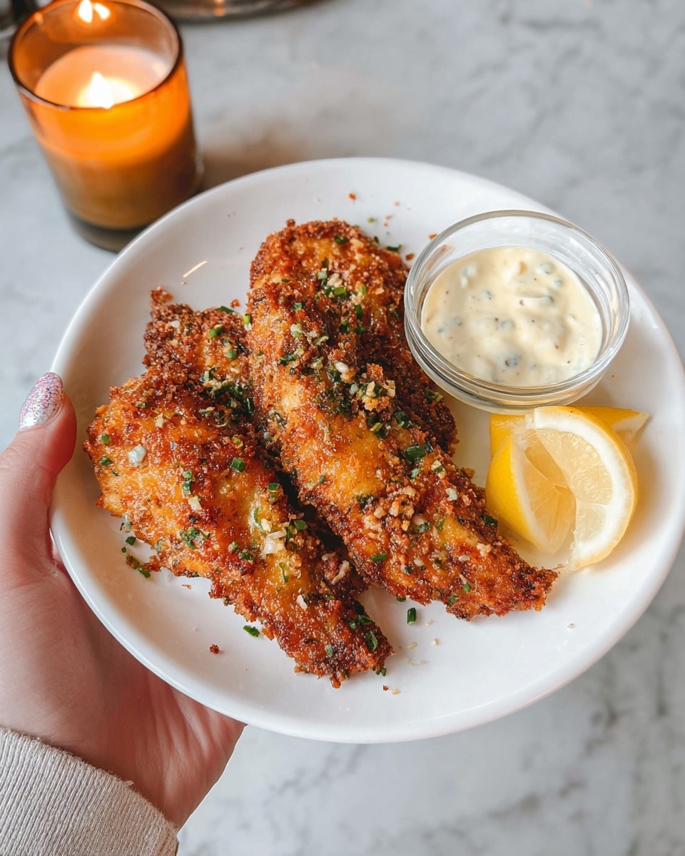 A white round plate holds three pieces of golden-brown fried chicken with a crunchy texture, sprinkled with finely chopped green herbs and small bits of garlic. On the right side of the plate, a small clear bowl filled with creamy white dipping sauce is placed next to a bright yellow lemon wedge. The plate is being held on the left edge by a woman's hand with light-colored nail polish. The background shows a white marbled surface with a lit candle in a soft brown glass holder slightly blurred behind the plate. photo taken with an iphone --ar 4:5 --v 7