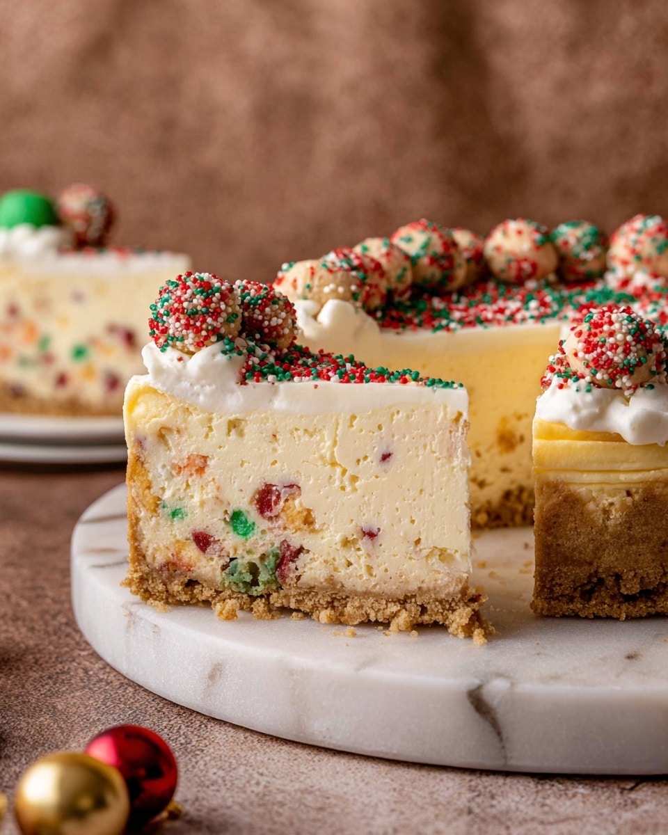 The image shows a thick slice of cheesecake with three layers on a white marbled surface. The bottom layer is a dense, light brown crust with green and red specks, looking like a colorful cookie dough base. The middle layer is a creamy, pale yellow cheesecake with small red, green, and white bits inside. The top layer is a smooth, white frosting sprinkled with red, green, and white sprinkles. Around the edge of the cheesecake, there is a ring of small round dough balls with colored sprinkles mixed in. The background is a soft brown texture and you can see part of a white dish with more slices of the cheesecake nearby. Photo taken with an iphone --ar 4:5 --v 7