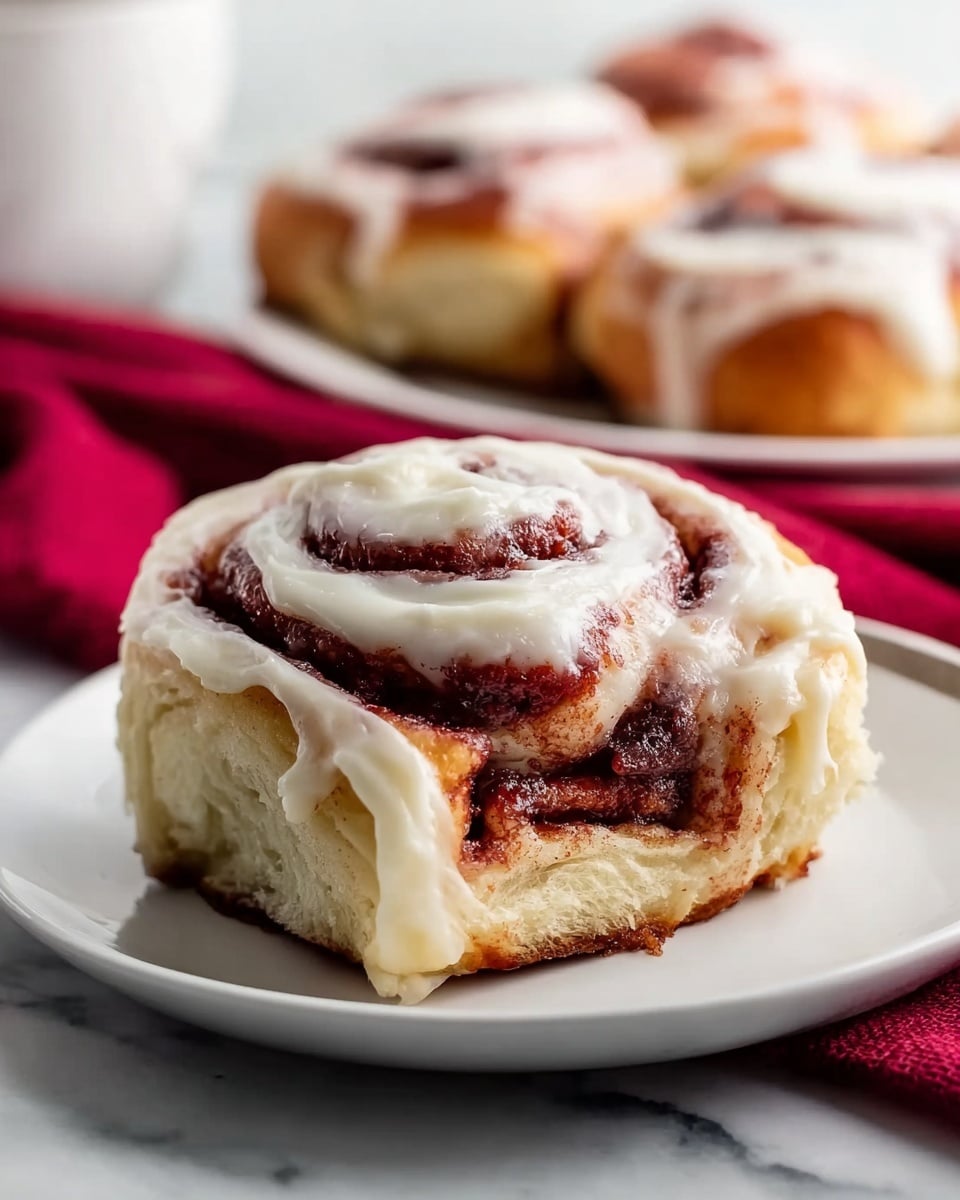 The image shows a close-up of a cinnamon roll on a white plate. The roll has three visible layers: a light golden brown dough base, a deep reddish-brown cinnamon and sugar swirl in the middle, and a thick, creamy white frosting generously spread on the top, slightly dripping down the sides. The dough looks soft and fluffy, while the cinnamon swirl appears rich and textured. In the background, there are more cinnamon rolls on a white plate, out of focus, all placed on a white marbled surface with a red cloth partially visible. photo taken with an iphone --ar 4:5 --v 7