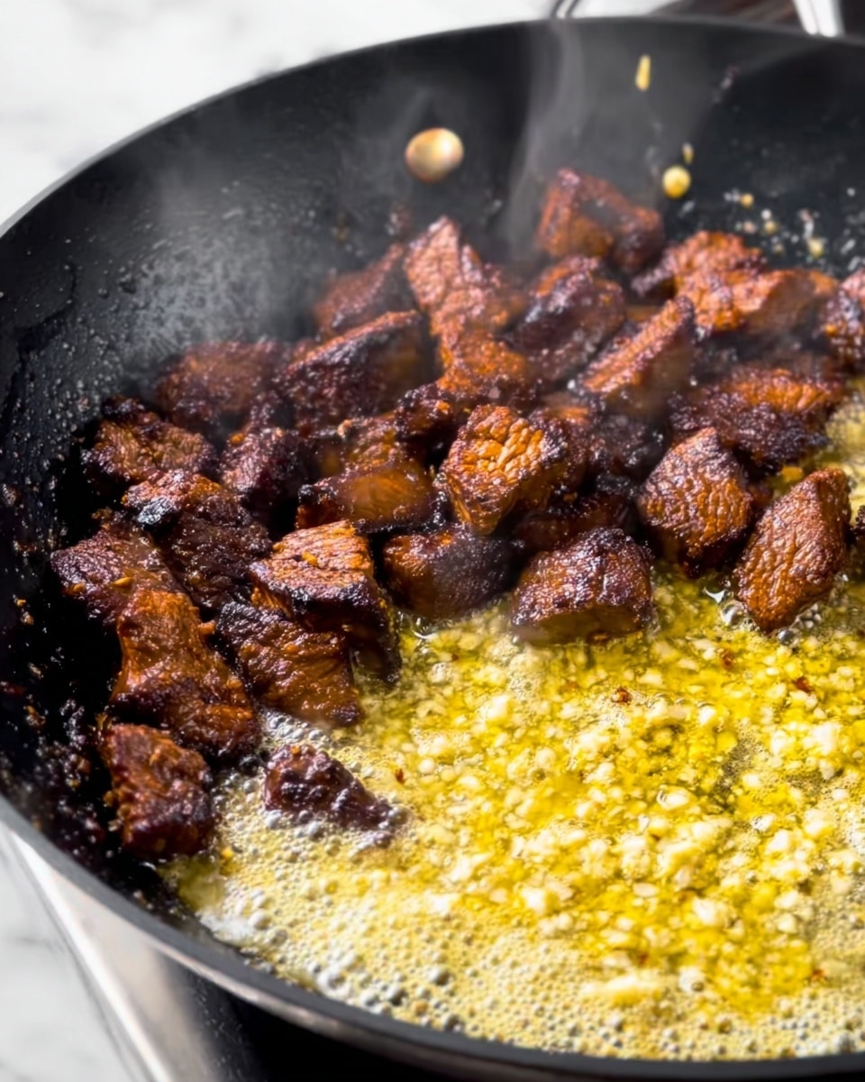 The image shows a close-up of a black pan with cooked chunks of dark brown meat clustered on the upper half, showing a slightly crispy texture and rich caramel color. In the lower half of the pan, there is bubbling golden butter mixed with minced garlic, creating a lively frothy and oily surface with light yellow and white bits. Slight steam rises from the pan, adding a sense of heat and freshness. The pan sits on a white marbled surface. photo taken with an iphone --ar 4:5 --v 7