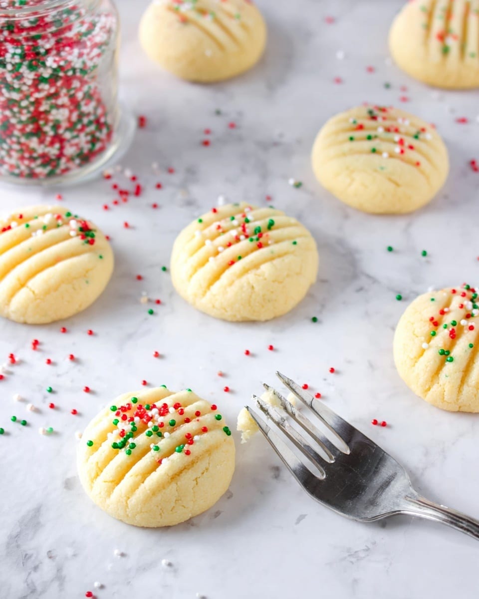 The image shows eight round cookies with light yellow dough on a white marbled surface. Each cookie has four straight fork lines pressed on top, making shallow grooves. Some cookies have red, green, and white small round sprinkles on the top, mostly inside the fork lines. A silver fork rests diagonally on the surface, touching one cookie. In the background, a clear jar with the same colored sprinkles is partially visible, with some sprinkles scattered on the surface around the cookies. photo taken with an iphone --ar 4:5 --v 7