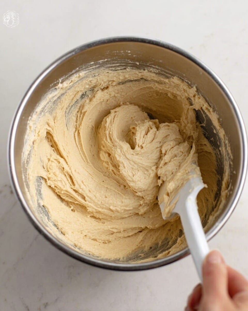 A shiny silver metal bowl filled with light beige creamy dough. The dough has a smooth, thick texture with swirls on the surface from stirring. A white spatula is partially dipped into the dough, held by a woman's hand at the bowl's edge. The bowl sits on a white marbled surface with soft natural light. photo taken with an iphone --ar 4:5 --v 7