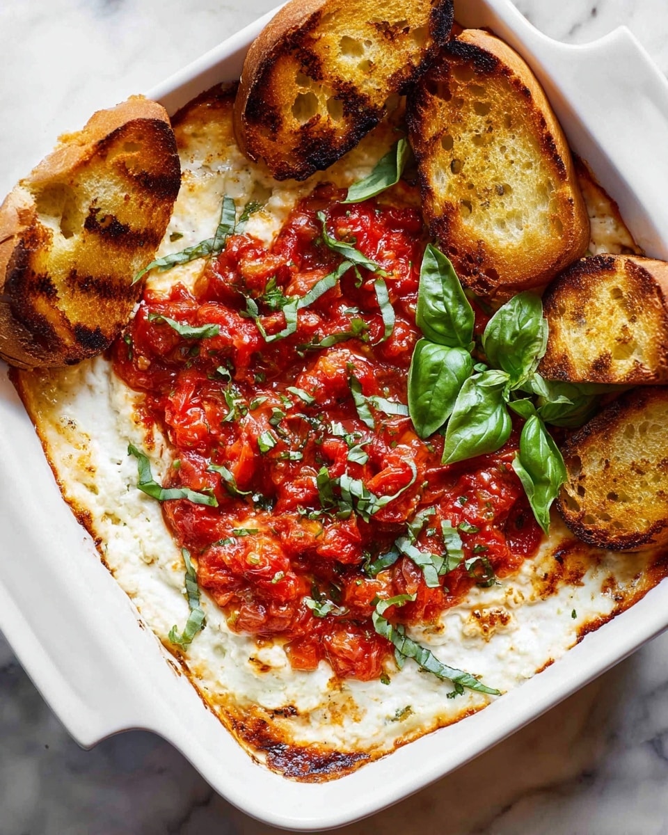 The image shows a white baking dish filled with a layered dip. The bottom layer is creamy white cheese with a soft and slightly browned texture. On top of that is a chunky, bright red tomato mixture spread unevenly. Fresh green basil leaves are scattered over the tomatoes, adding a pop of color. Around the edges and partly on top of the dip are several slices of golden-brown toasted bread with grill marks. Fresh basil leaves also sit in the corner of the dish. The dish is set on a white marbled surface, giving a clean and bright look. Photo taken with an iphone --ar 4:5 --v 7