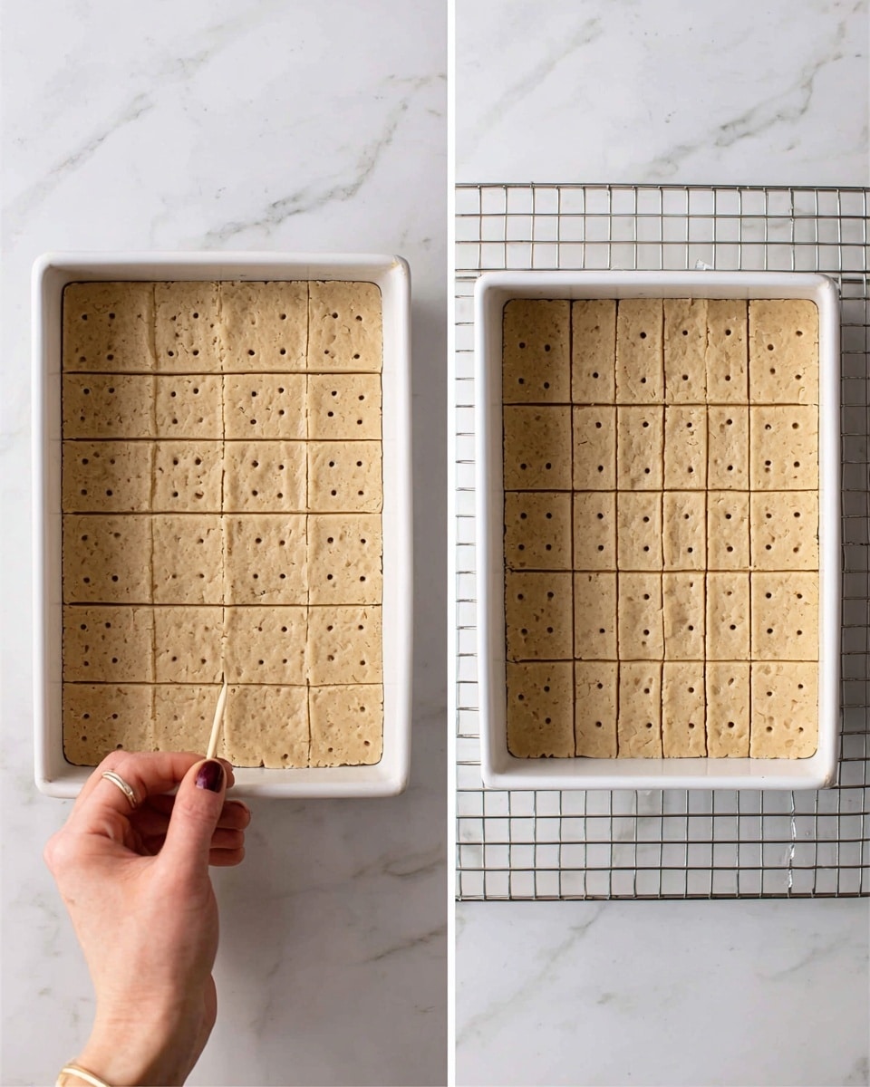 Two side-by-side images show a square white baking pan filled with an unbaked beige dough, scored into a grid of 6 by 6 rectangles. The dough is firm and slightly textured with small air bubbles on the surface. Each rectangle has evenly spaced small holes poked in rows. In the left image, a woman's hand holds a wooden toothpick, poking holes in the dough. The pan sits on a white marbled surface in the left image and a white marbled wire rack in the right image. photo taken with an iphone --ar 4:5 --v 7