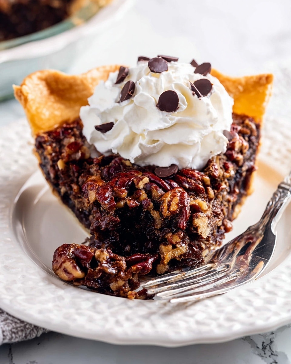 A slice of dark brown pecan pie sits on a white plate with a decorative edge, showing a thick layer of pecans on top that are toasted with a rich texture. The crust is golden and flaky, holding the dense, almost fudgy filling under the nuts. On top of the pie is a swirl of white whipped cream with small, smooth chocolate pieces scattered over it. A shiny silver fork with a piece of pie on it rests beside the slice. The white marbled surface underneath adds a clean and bright contrast to the warm colors of the pie. Photo taken with an iphone --ar 4:5 --v 7