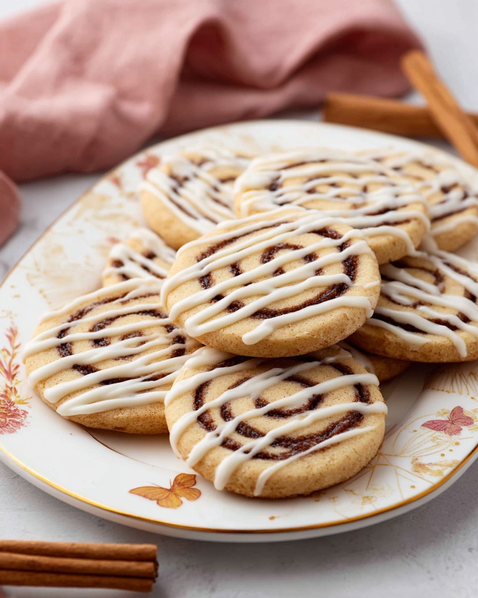 Cinnamon Roll Cookies Recipe 5 A white oval plate on a white marbled surface holds about eight round cinnamon swirl cookies, each with a light beige base and a dark brown spiral pattern in the center. The top of every cookie is drizzled with thin, white icing lines that run mostly horizontal across each one. The plate features small butterfly designs and a gold rim, with part of a soft pink cloth in the background and two cinnamon sticks resting on the surface nearby. photo taken with an iphone --ar 4:5 --v 7