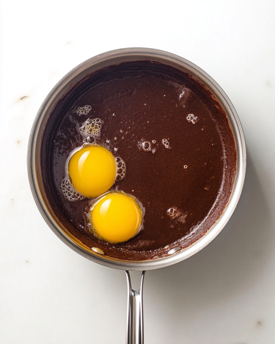 Peppermint Mocha Brownies Recipe 4 A stainless steel pan with a shiny handle contains a thick dark brown chocolate mixture that fills most of the pan’s bottom. Two bright yellow egg yolks sit side by side on top of the chocolate batter towards the left side, with some clear egg whites slightly visible around them. The pan rests on a white marbled surface, and the image is taken from above, showing the whole circle of the pan clearly. photo taken with an iphone --ar 4:5 --v 7
