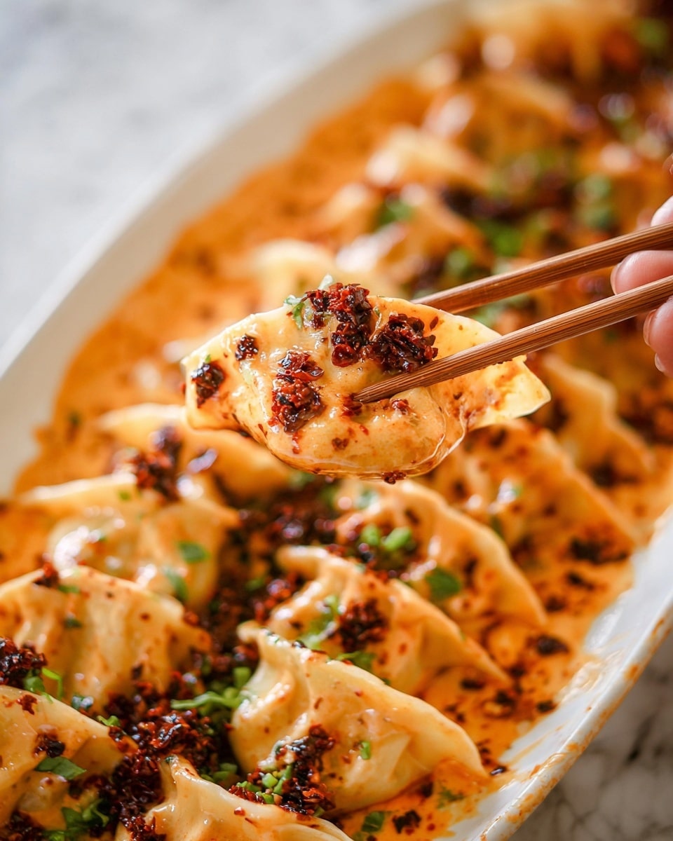 A close-up image of a dumpling held between two chopsticks by a woman's hand, showing its smooth, pale orange exterior covered with a creamy, slightly shiny sauce. The dumpling is topped with dark, chunky chili oil and small bits of green herbs. Below, a large white plate holds many dumplings arranged in a neat, slightly curved line, all covered in the same creamy orange sauce with scattered green herbs and dark chili spots, giving a rich, textured look. The background shows a white marbled surface. Photo taken with an iphone --ar 4:5 --v 7