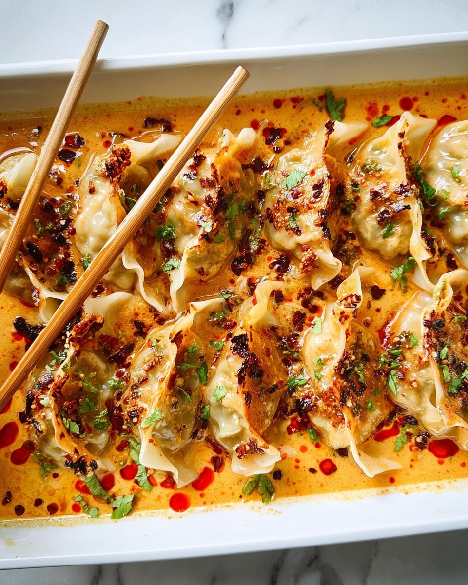 A white rectangular dish filled with two rows of dumplings, arranged close together and covered with a creamy orange sauce that has a slight oily shine. Each dumpling has a pale, soft skin with light browning and small charred spots, topped with green herb pieces and dark red chili flakes. The sauce pools around the dumplings, creating a smooth, slightly spattered surface with red oil droplets. A pair of wooden chopsticks rests on some dumplings toward the left side. The dish is placed on a white marbled surface. photo taken with an iphone --ar 4:5 --v 7