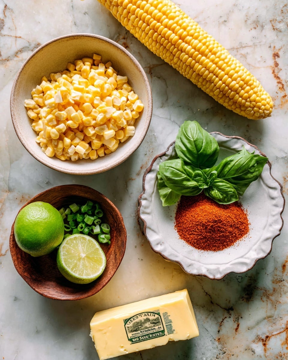 The image shows a white bowl filled with yellow corn kernels and a half ear of corn resting on top, placed on a white marbled surface. To the right, there is a white bowl containing a heap of reddish-brown powder with a sprig of fresh green basil leaves on top. Below these, a small wooden bowl holds chopped green onions, sitting inside a white scalloped dish that also holds a lime cut in half and a whole lime. At the bottom, a block of unsalted butter with yellow packaging is positioned on the white marbled texture. Photo taken with an iphone --ar 4:5 --v 7