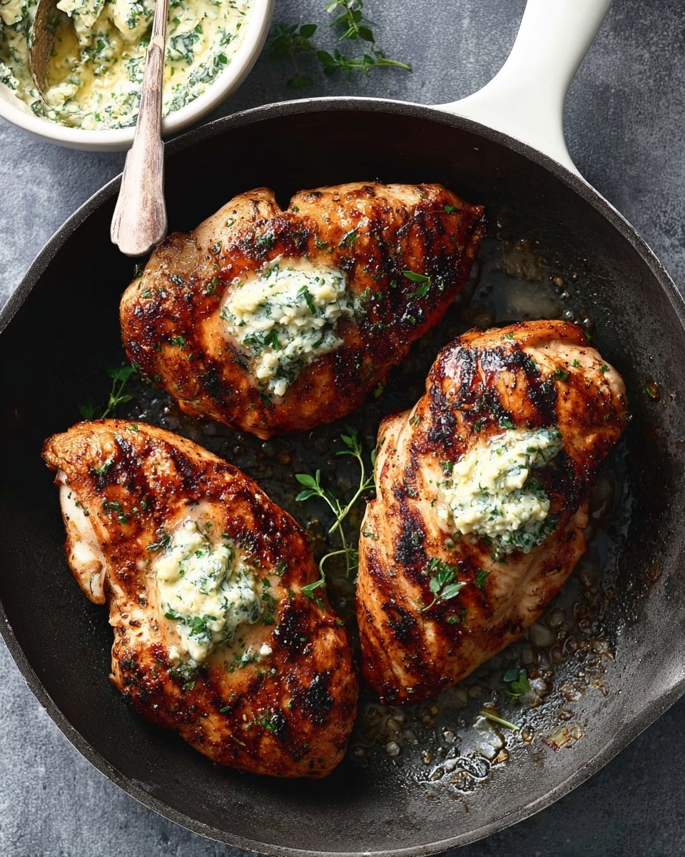Three browned, grilled chicken pieces sit closely in a dark pan with a white handle, each topped with a dollop of melting herb butter mixed with green herbs, creating small creamy pools on the juicy meat. The chicken's surface is slightly charred with textured golden and darker brown spots that show the grill marks. Small green herb sprigs are scattered lightly over the chicken and onion-white marbled surface around the pan. At the upper left edge, a white bowl contains more herb butter with a silver spoon resting inside. photo taken with an iphone --ar 4:5 --v 7