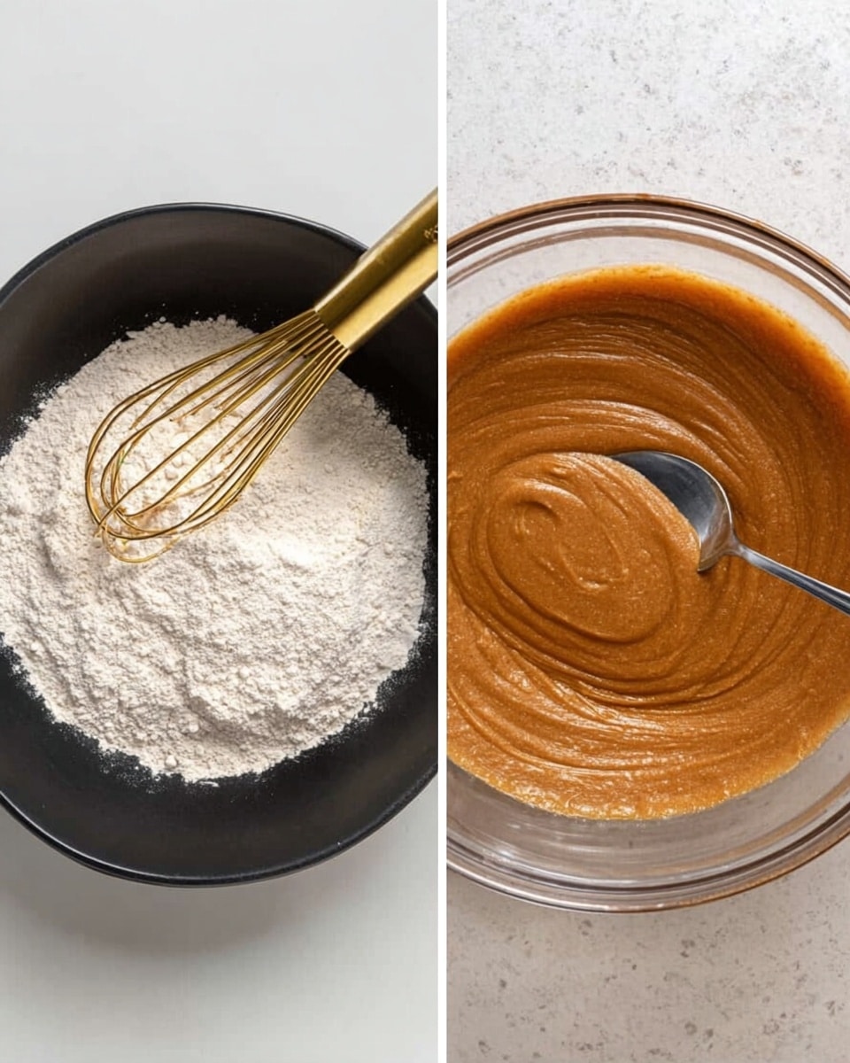 The image shows two side-by-side photos of bowls with ingredients for baking. On the left, a black bowl holds a white powdery mixture, possibly flour, with a golden whisk sitting on top of it, against a white marbled background. On the right, a clear glass bowl contains a smooth, rich brown batter with a silver spoon resting inside, gently swirling the mixture, also placed on a white marbled surface. Photo taken with an iphone --ar 4:5 --v 7