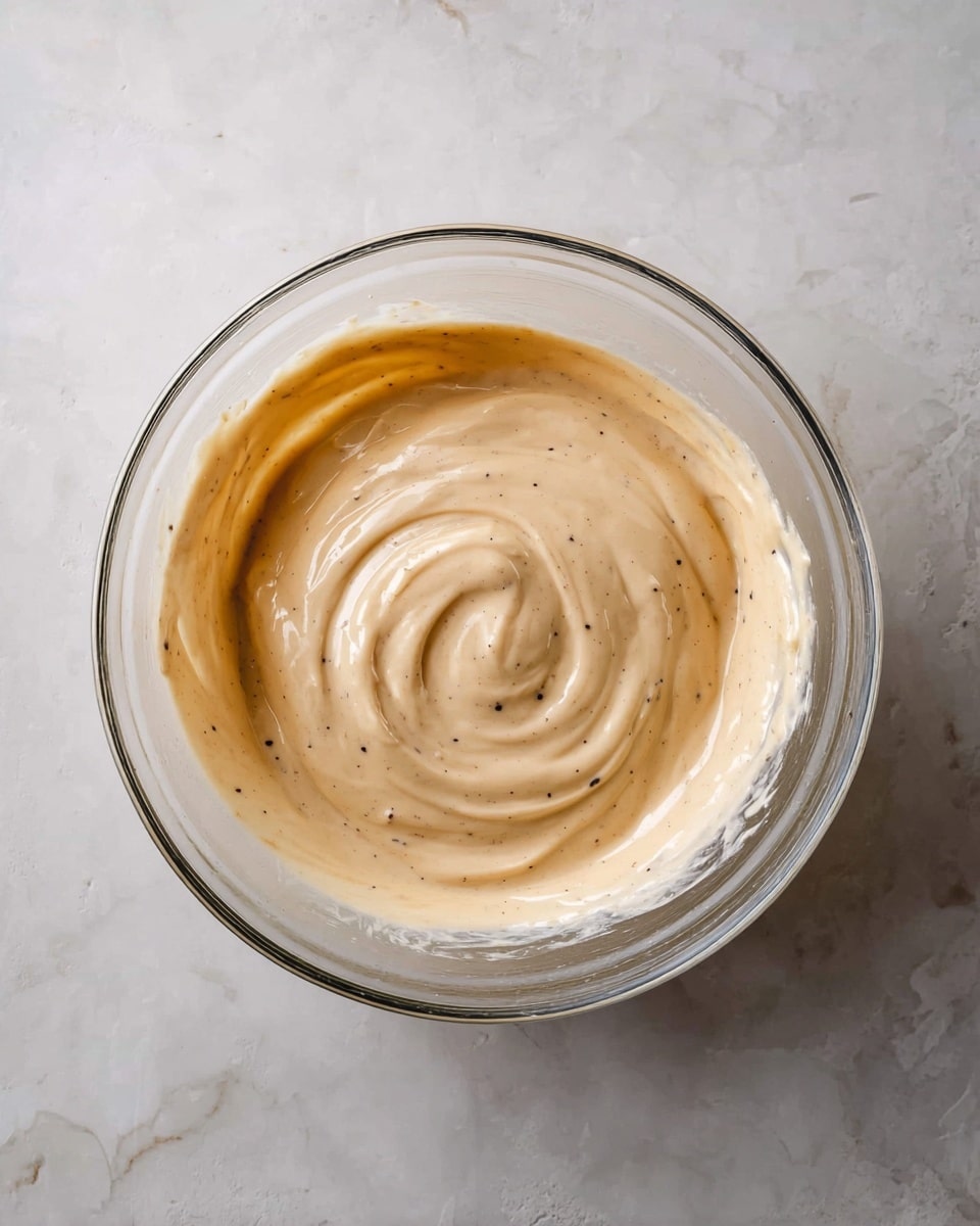 A clear glass bowl is filled with a creamy mixture that is smooth and light beige in color, with tiny black specks evenly spread throughout. The mixture is swirled in the center, creating a soft spiral pattern that shows its thick texture. The bowl sits on a white marbled surface, and the lighting highlights the shiny and glossy look of the mixture. photo taken with an iphone --ar 4:5 --v 7