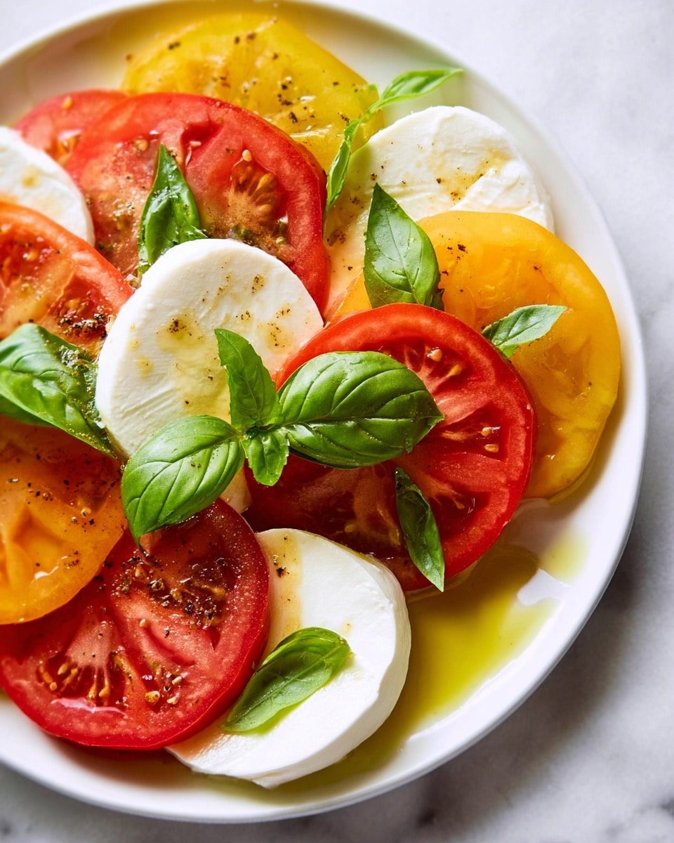 The image shows a white plate with layers of sliced red and yellow tomatoes, and thick white mozzarella cheese rounds. On top of each cheese slice are bright green fresh basil leaves, adding a fresh look. The tomato slices show smooth, juicy textures with visible seeds, while the cheese rounds have a soft, smooth surface with light brown spots. The whole dish is lightly drizzled with golden olive oil that pools slightly on the white plate, which sits on a white marbled surface. photo taken with an iphone --ar 4:5 --v 7