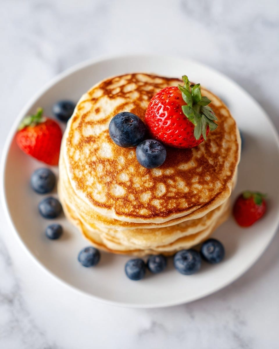 A stack of four golden brown pancakes sits centered on a white plate, each pancake showing a light, slightly spotted texture. On top, there are two plump blueberries and one half of a bright red strawberry with its green stem still attached. Around the plate, scattered blueberries add a touch of deep blue contrast. The plate rests on a white marbled surface, enhancing the clean and fresh look of the dish. photo taken with an iphone --ar 4:5 --v 7