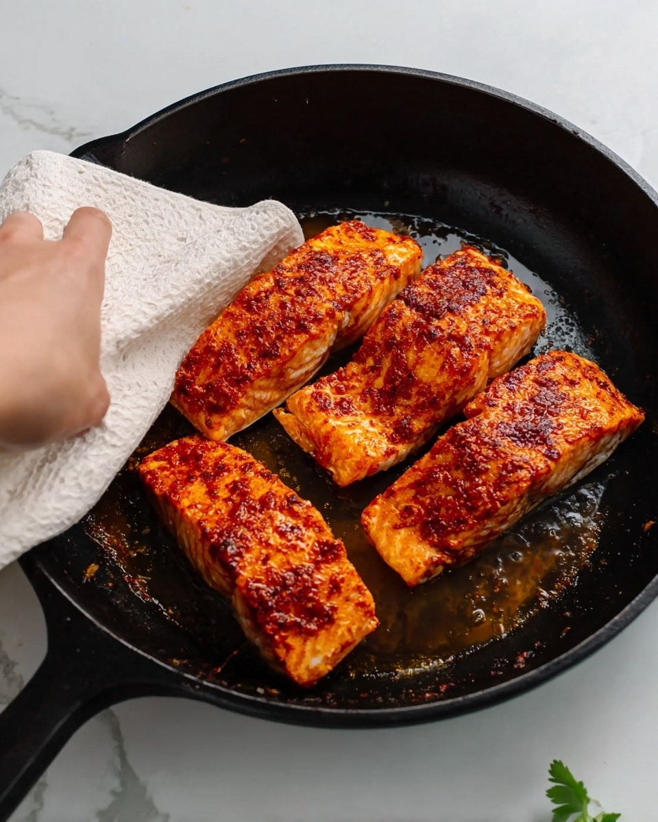 In a black cast iron pan, there are four pieces of cooked salmon. Each piece is thick and covered with a reddish spice mix that looks oily and slightly crispy. The salmon pieces are arranged closely but not touching, and the pan shows some oil and flakes around the fish. A woman's hand holding a white cloth is touching the edge of the pan. The pan is placed on a white marbled surface. photo taken with an iphone --ar 4:5 --v 7