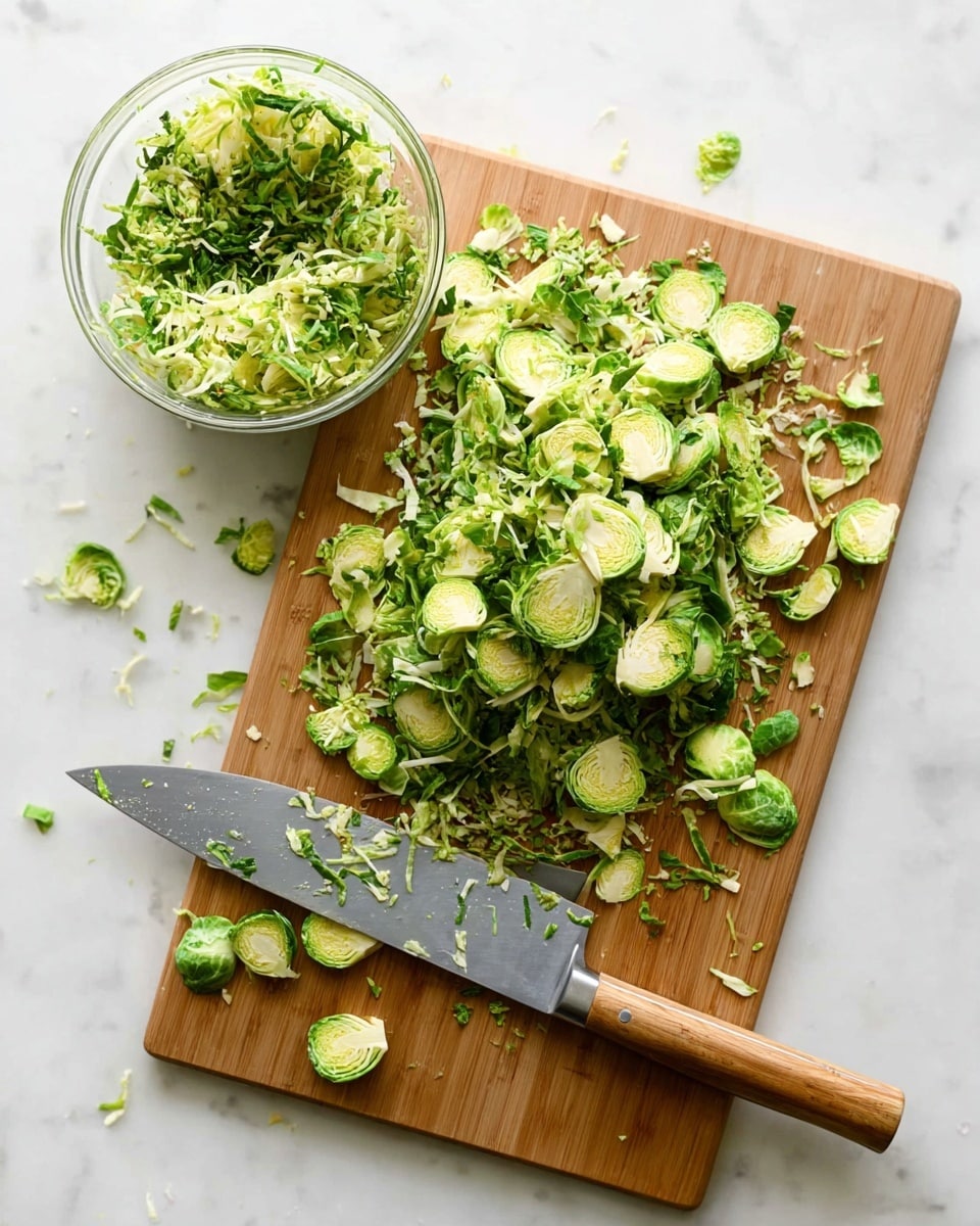 The image shows a wooden cutting board on a white marbled surface. On the board, there are many thin green slices and shreds of Brussels sprouts, with round cross sections mixed with leafy strips. A large knife with a wooden handle and a grey blade rests on the bottom left of the board, with some small pieces of Brussels sprouts stuck to the blade. In the top left corner, there is a clear glass bowl filled with more shredded Brussels sprouts. photo taken with an iphone --ar 4:5 --v 7