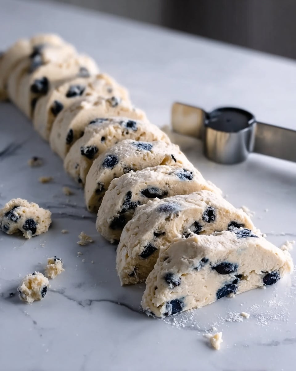 A long log of dough with blueberries mixed inside is placed on a white marbled surface. The dough is slightly rough and light beige with dark blue blueberries scattered evenly throughout. The log is cut into even triangular pieces, showing the soft, crumbly texture inside. A large metal dough cutter lies on the surface next to the dough pieces, with some dough crumbs scattered around. The lighting is soft and natural, highlighting the roughness of the dough and the shine of the blueberries photo taken with an iphone --ar 4:5 --v 7