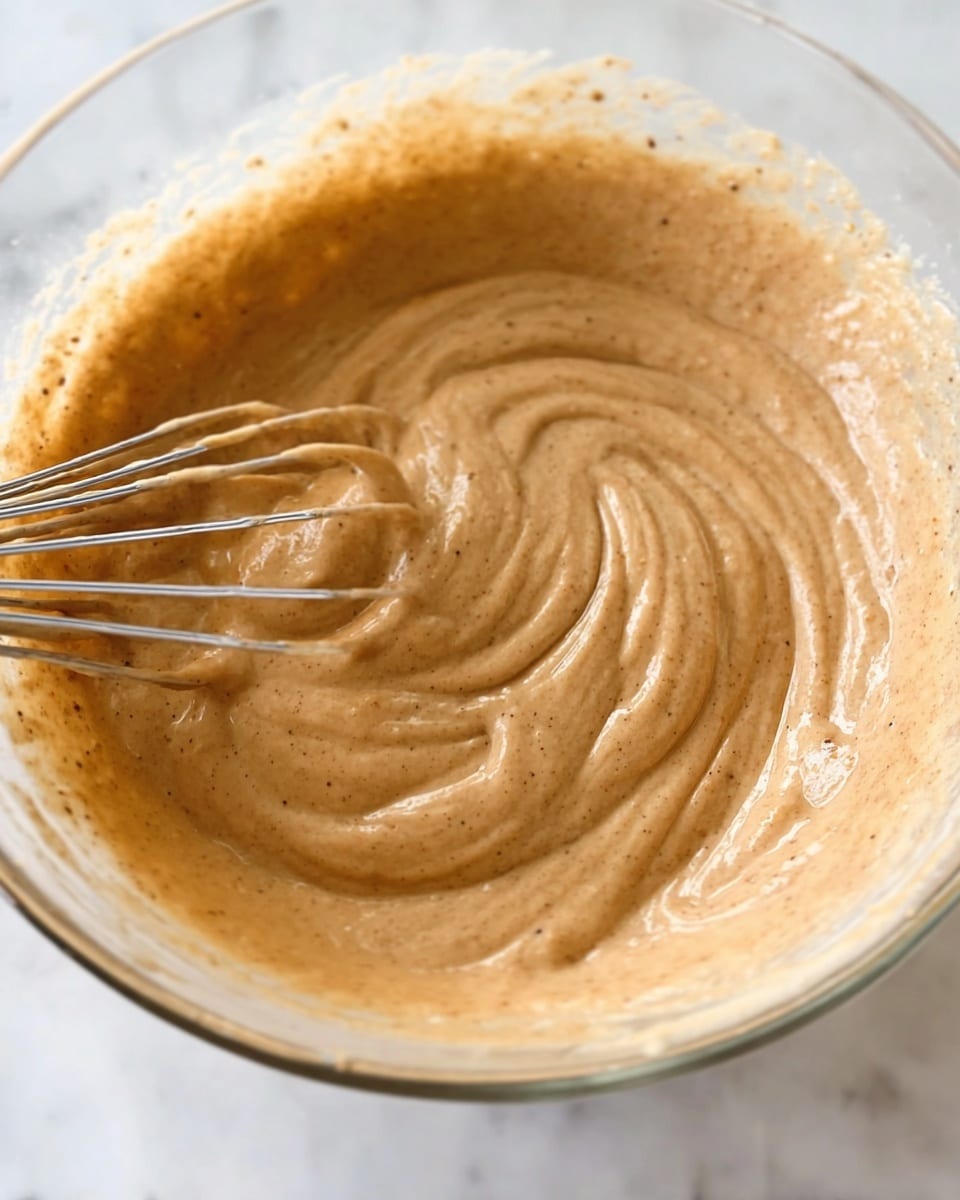 A close-up view of a thick, smooth batter being mixed inside a clear glass bowl. The batter is light brown with tiny darker specks, having a creamy and dense texture. A metal whisk is partially visible on the left, stirring the batter, creating soft swirls and peaks on the surface. The bowl is placed on a white marbled surface. Photo taken with an iphone --ar 4:5 --v 7