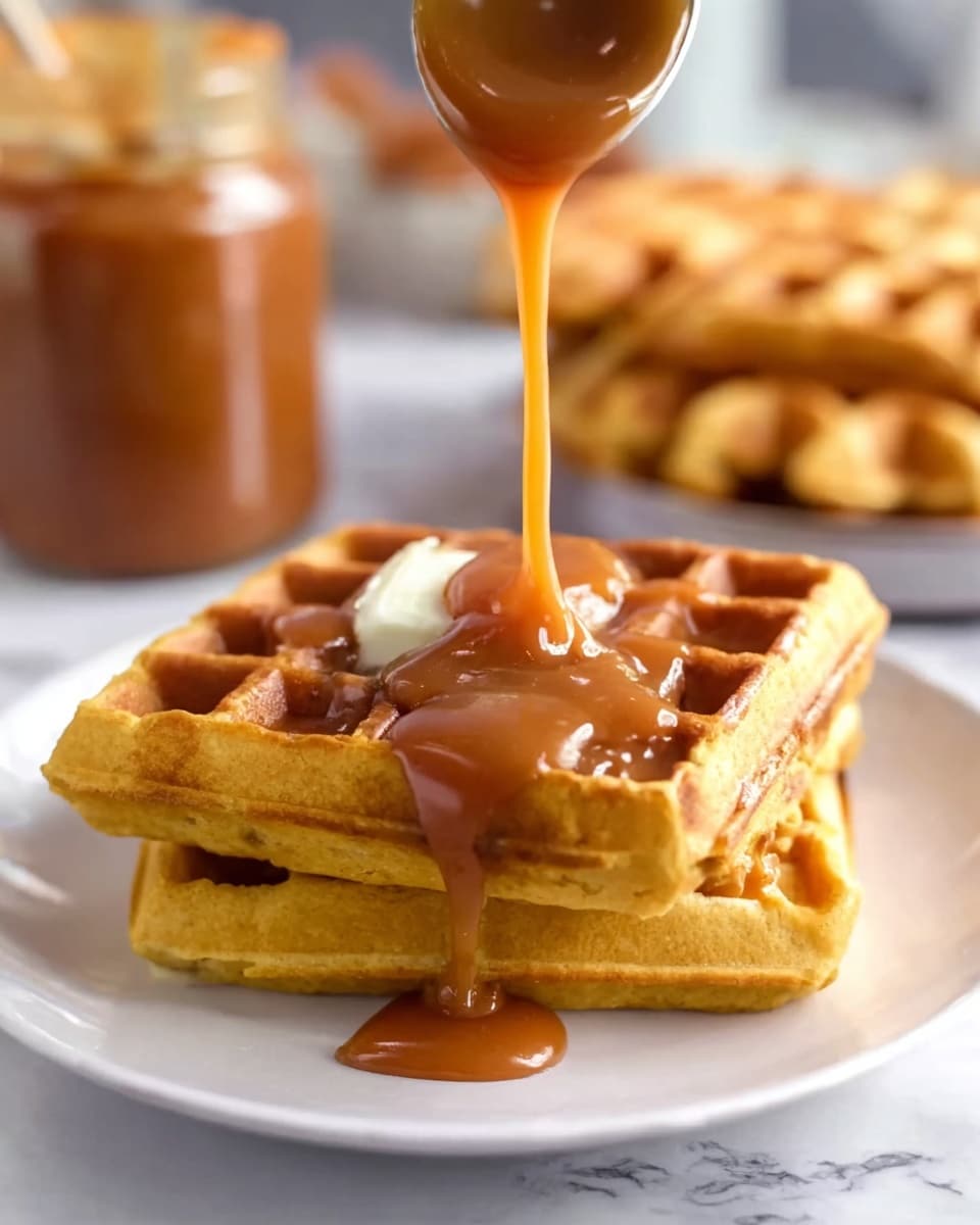 A close-up view of two stacked golden brown waffles with a crispy texture, sitting on a white plate. The waffles show four wide grid squares on top, with soft, slightly airy edges. On the top waffle, a dollop of melting butter is in the center, being covered by thick, smooth caramel sauce that is gently flowing down from a spoon above. The background is softly blurred but has jars of caramel and another waffle in warm tones. The surface under the plate is a white marbled texture photo taken with an iphone --ar 4:5 --v 7