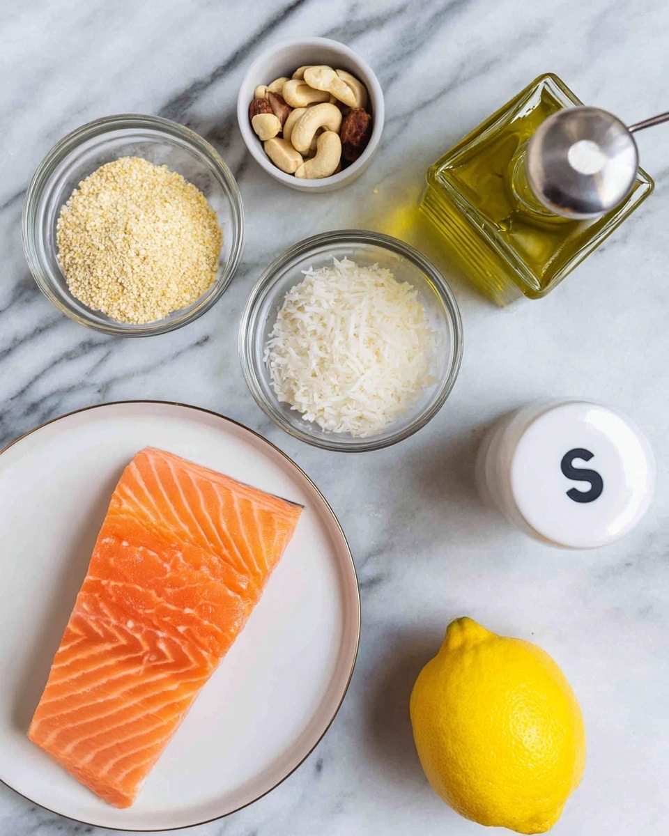 A piece of raw salmon with bright orange color and natural lines sits on a white plate with a thin silver rim in the bottom left corner. Above it, three small glass bowls are arranged vertically, holding beige breadcrumb-like bits, white shredded coconut, and light brown macadamia nuts. To the top right of the bowls, there is a square bottle filled with light green olive oil with a metal pourer on top. Next to it, a white salt shaker marked with a gray