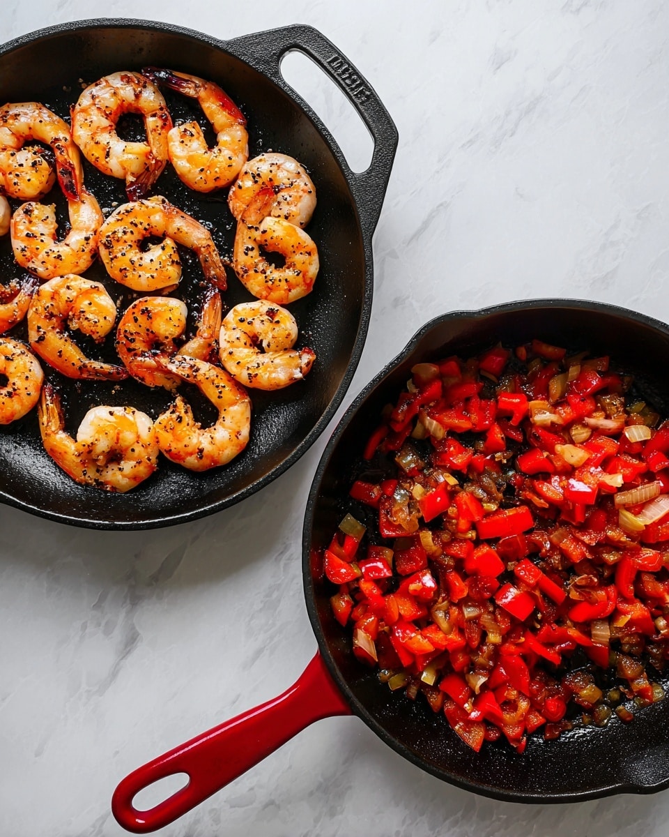 The image shows two black pans on a white marbled surface. The left pan holds a layer of about thirteen cooked shrimp curled in a circular shape, their orange and pink shells with black pepper specks visible. The right pan contains a layer of finely diced red bell peppers and browned onions, mixed and evenly spread. Both pans are cast iron; the left one has two small handles, the right one has a single long red handle. The lighting highlights the shine on the shrimp and vegetables, making the colors vivid. Photo taken with an iphone --ar 4:5 --v 7