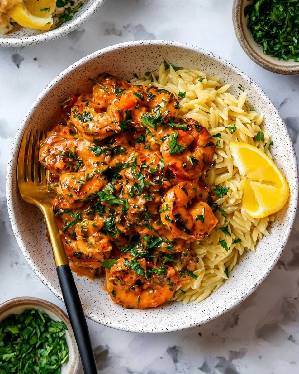 A white speckled bowl filled with three layers: the bottom layer is light yellow orzo pasta with smooth texture, the middle layer is large grilled shrimp coated in a thick, creamy orange sauce, and the top layer is fresh green chopped parsley sprinkled all over the shrimp. On the right side of the bowl, a bright yellow lemon wedge rests on the pasta. A gold and black spoon is placed inside the bowl on the left side, resting on the orzo. The bowl sits on a white marbled surface with small bowls of chopped green herbs and a lemon wedge visible around it. photo taken with an iphone --ar 4:5 --v 7