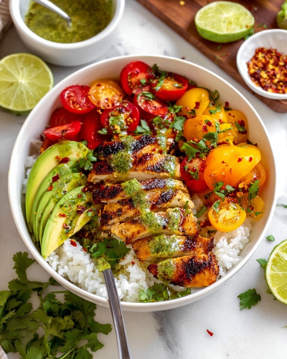A white bowl filled with a base layer of white rice topped with sliced grilled chicken showing a golden brown color with grill marks, drizzled with a green sauce. To the side of the chicken are slices of bright yellow and red bell peppers, halved cherry tomatoes with red and orange hues, and thin slices of avocado sprinkled with red chili flakes. Fresh green cilantro leaves are scattered over the bowl, and a silver spoon rests inside. There are lime halves on the white marbled surface around the bowl, along with small white bowls holding chili flakes and green sauce in the background. photo taken with an iphone --ar 4:5 --v 7