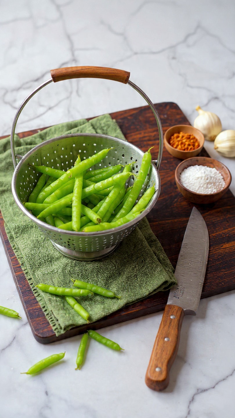 The image shows a metal colander filled with bright green, trimmed green beans. The colander sits on a dark wooden cutting board with some freshly cut green beans scattered beside it. A large, sharp knife with a worn wooden handle lies to the right on the board. Near the knife is a small round bowl of coarse salt. In the upper right, two garlic cloves and a small bowl of reddish spice rest on the cutting board. A green cloth peeks out underneath the colander, and the setting is placed on a white marbled surface. photo taken with an iphone --ar 4:5 --v 7