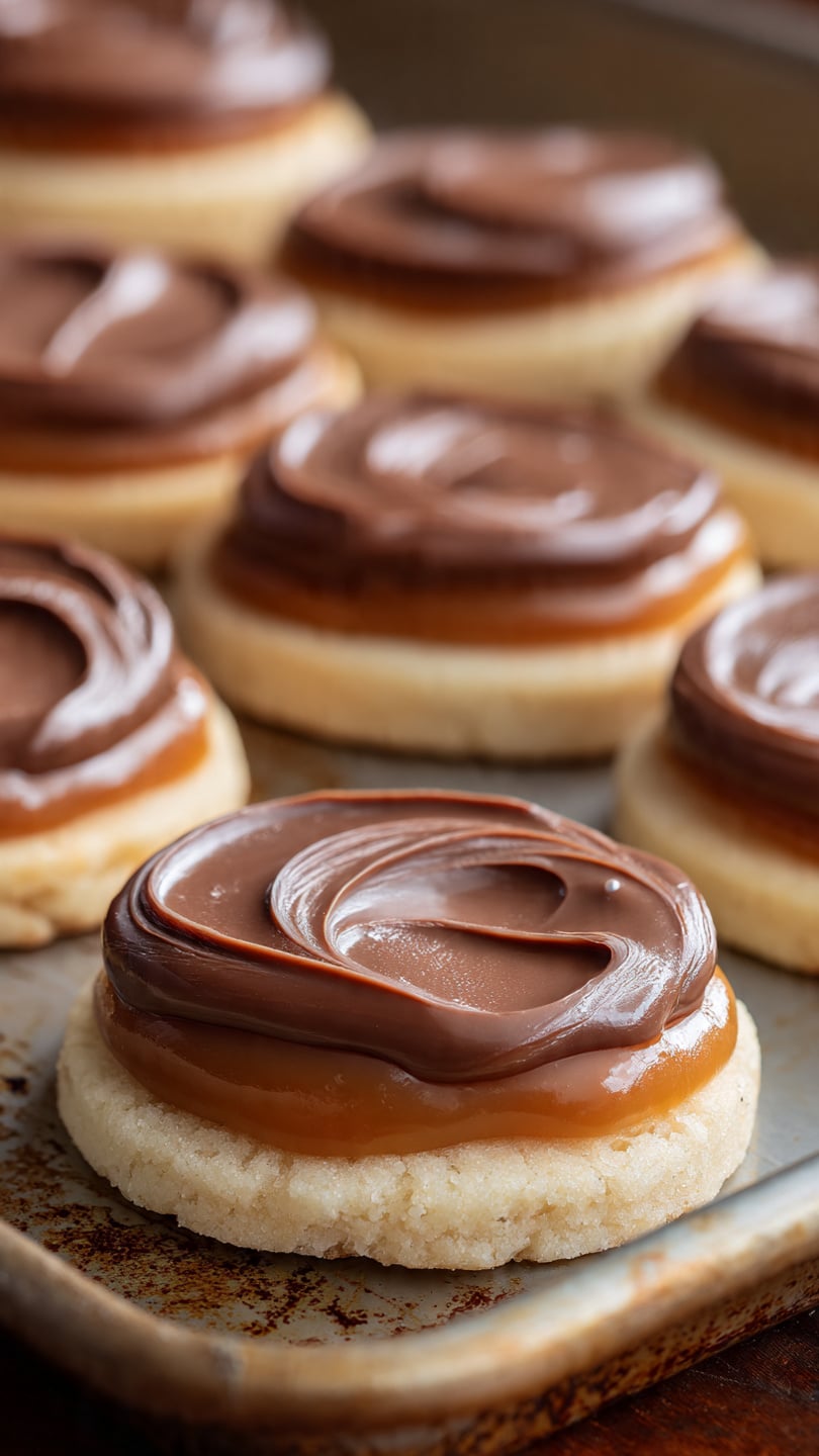 The image shows several round cookies arranged on a baking tray with a worn, rustic look. Each cookie has two visible layers: the bottom layer is a soft, light cream-colored shortbread-like base, the middle layer is a smooth, shiny caramel with a rich amber color, and the top layer is a thick, swirled milk chocolate with a glossy texture. The cookies are evenly spaced, and the focus is mainly on one cookie in the center with others blurred in the background, highlighting the layers and textures. Photo taken with an iphone --ar 4:5 --v 7