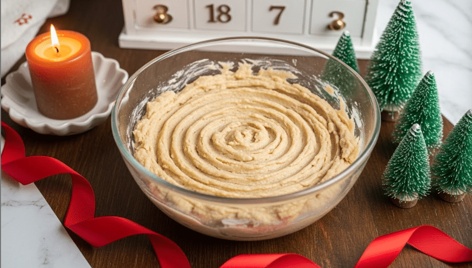 A clear glass bowl filled with a textured beige dough or batter, evenly spread out inside the bowl showing soft ridges across the surface. The bowl sits on a dark wooden table decorated with small green frosted Christmas trees on the right side and a lit brown candle in a white scalloped dish on the left. A bright red ribbon loosely curls at the front of the setup, and a white wooden advent calendar is in the blurred background. The surface visible around the bowl is a white marbled texture. photo taken with an iphone --ar 4:5 --v 7