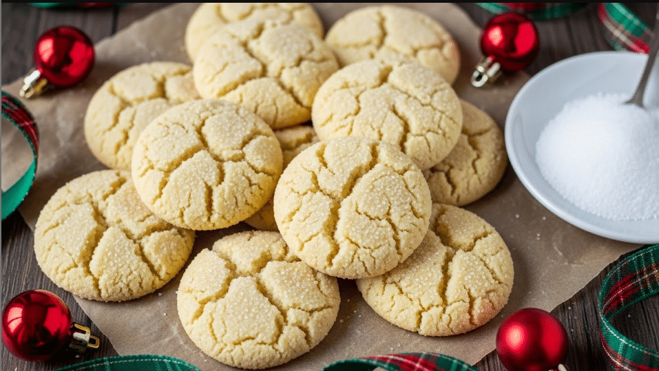 A pile of soft, round sugar cookies with a light golden color and a fine layer of granulated sugar on top, each cookie showing a gently cracked surface texture. The cookies lay on a piece of light brown parchment paper over a dark wood surface, surrounded by small red Christmas ornaments and green and red plaid ribbons, with a small white plate filled with granulated sugar on the side. photo taken with an iphone --ar 4:5 --v 7