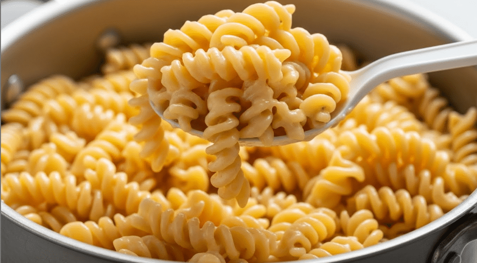 A close-up of creamy rotini pasta with a smooth, light orange cheese sauce coating each spiral. The pasta is piled high in a metal pot with a shiny rim, showing a rich, slightly shiny texture. A white plastic spoon lifts a generous scoop of the pasta, highlighting the dense and creamy sauce that clings to the tight curls. The background has a subtle, soft focus that keeps attention on the creamy pasta in the pot. photo taken with an iphone --ar 4:5 --v 7