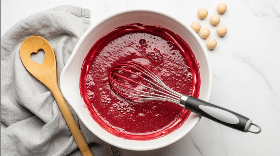 A white mixing bowl filled with smooth, thick dark red batter with some small bubbles on the surface. Inside the bowl, a whisk with a black and gray handle is resting, partially covered in the red batter. The bowl sits on a white marbled surface next to a light gray cloth and a wooden spoon with a heart shape cut out in the middle. A few small round beige objects are scattered in the upper right corner of the image. Photo taken with an iphone --ar 4:5 --v 7