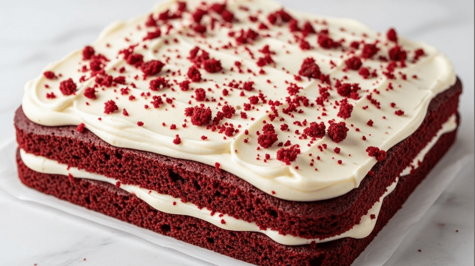 A square red velvet cake with one visible thick layer of rich dark red cake base topped with a smooth creamy white frosting spread evenly over the top surface, showing slight texture lines. Scattered over the frosting are small and medium-sized dark red crumbs, adding color contrast and texture. The cake sits on a white marbled textured surface with a piece of parchment paper underneath the sides. photo taken with an iphone --ar 4:5 --v 7