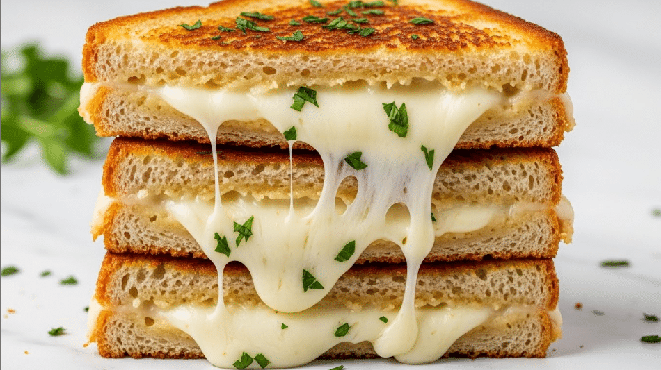 The image shows a sandwich with two thick layers of golden brown toasted bread sprinkled with green herbs on top. Between the bread layers is a thick, melted white cheese that looks creamy and soft, slightly oozing out from the sides with some green herbs mixed in. The sandwich is stacked in two halves, one half resting on the other, with the texture of the bread looking crispy and coated with sesame seeds on the edge. The background is a white marbled texture. photo taken with an iphone --ar 4:5 --v 7