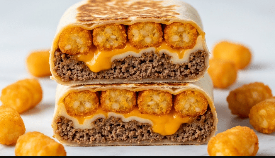 Cheesy Potato Burritos Recipe 4 Two thick burrito halves are stacked on top of each other on a white marbled surface, the top half slightly tilted to show the inside. Each burrito has three visible layers: on the outside is a soft white tortilla with golden brown toasted spots, inside the top layer is a row of crispy, orange golden tater tots, beneath that is a layer of melted white and yellow cheese oozing between and mixing with the third layer, brown cooked ground beef. Scattered around the burritos are more golden tater tots. The image is sharp, colorful, and close-up, photo taken with an iphone --ar 4:5 --v 7