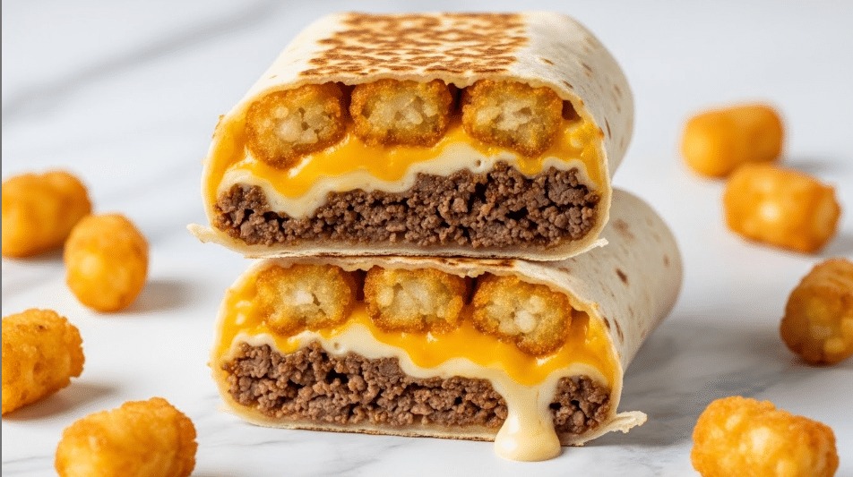 Two halves of a toasted tortilla wrap are stacked on a white marbled surface, showing the inside filled with three main layers: golden brown crispy tater tots on top, a melted layer of bright yellow and white cheese sauce in the middle, and crumbled cooked beef at the bottom with a dark brown color. Some tater tots are scattered around the wrap on the white marbled surface, and the cheese sauce looks creamy and slightly drips out from the open ends. The tortilla wrap has light browned spots spread evenly on the outside. photo taken with an iphone --ar 4:5 --v 7