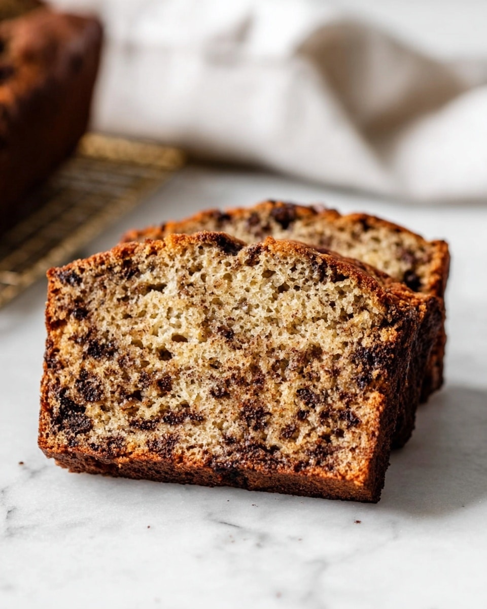 A close-up of a single slice of moist banana bread with visible small dark chocolate pieces scattered throughout the light brown crumb. The slice has a slightly darker, crisp crust on the sides and bottom, while the inside shows a soft, textured pattern with tiny air pockets. The banana bread slice rests on a smooth white marbled surface with a blurred background showing a white cloth and part of the cooling rack holding more loaf. The warm, golden tones highlight the bread’s rich and freshly baked look. Photo taken with an iphone --ar 4:5 --v 7