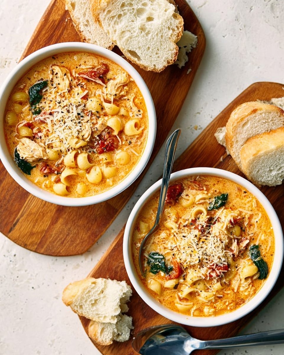 Two white bowls filled with creamy orange soup containing small pasta, pieces of chicken, spinach, and sun-dried tomatoes. Each bowl is topped with a sprinkling of shredded cheese and ground pepper. One bowl has a spoon inside it resting on the bowl’s edge. The bowls are placed on two wooden boards on top of a white marbled surface. Beside each bowl, there are slices of white bread spread with butter, some torn into smaller pieces. A silver knife rests next to the bread on the right board. photo taken with an iphone --ar 4:5 --v 7