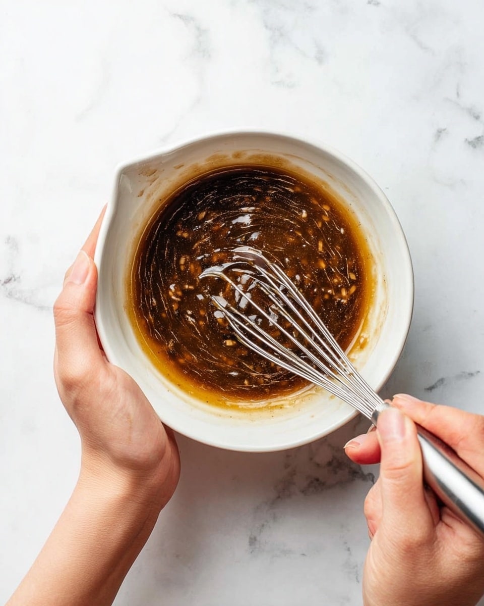 A woman's hand is holding a white bowl with a spout above a white marbled surface, while another woman's hand is mixing a thick, dark brown sauce with a small silver whisk inside the bowl. The sauce has a glossy texture and visible small chunks, showing a mixture of ingredients swirling together. The bowl's edge is smooth and round, and the background is simply the white marbled surface. photo taken with an iphone --ar 4:5 --v 7